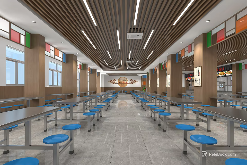 Spacious Cafeteria Interior With Long Tables Blue Stools And Wooden Ceiling 3d model