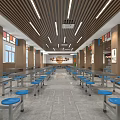Spacious Cafeteria Interior With Long Tables Blue Stools And Wooden Ceiling 3d model