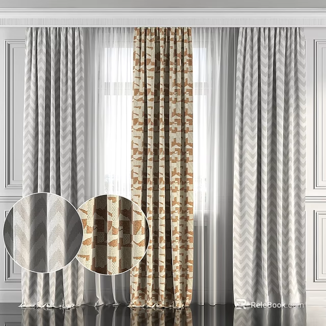 Stylish Window Curtains With Chevron And Patterned Textures For Home Decor 3d model 
