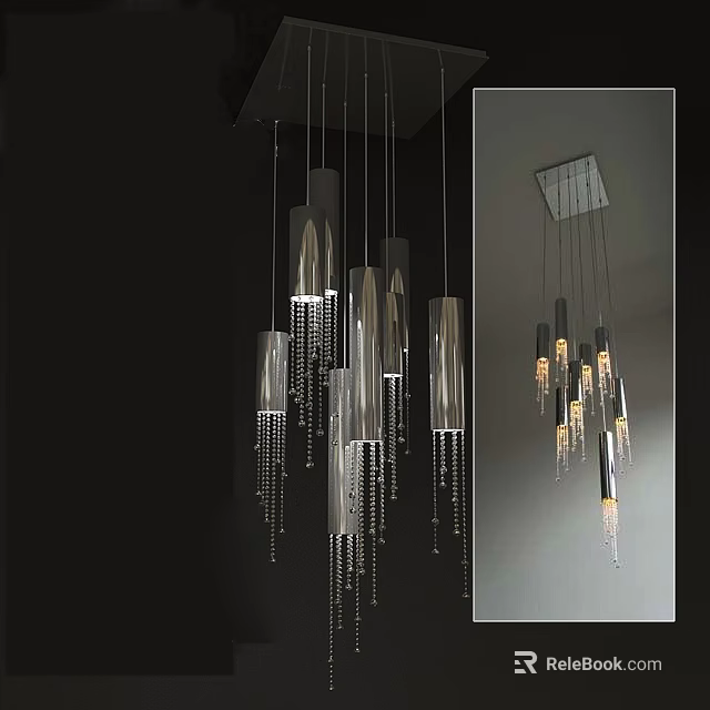 Modern Pendant Lights with Transparent Cylindrical Shades Metal Frames Hanging Beads Illuminated in Interior Space 3d model 