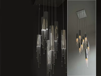 Modern Pendant Lights with Transparent Cylindrical Shades Metal Frames Hanging Beads Illuminated in Interior Space 3d model