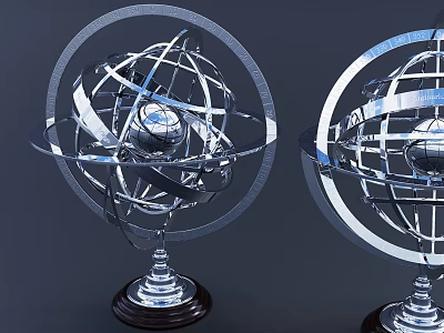 Pair of Metal Globe Decorative Ornament Set With Ring Design And Base 3d model