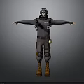 3D Character Design With Gray Outfit Helmet Mask Backpack And Brown Boots