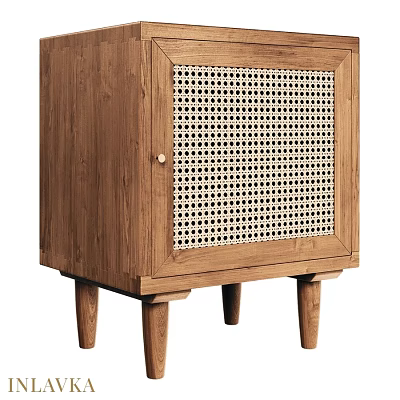 Natural Wooden Cabinet With Rattan Grid Panel And Solid Wood Legs Design 3d model