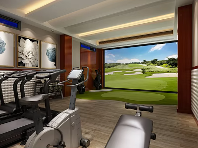 Modern Fitness Gym Interior With Exercise Equipment And Scenic Golf Course View 3d model