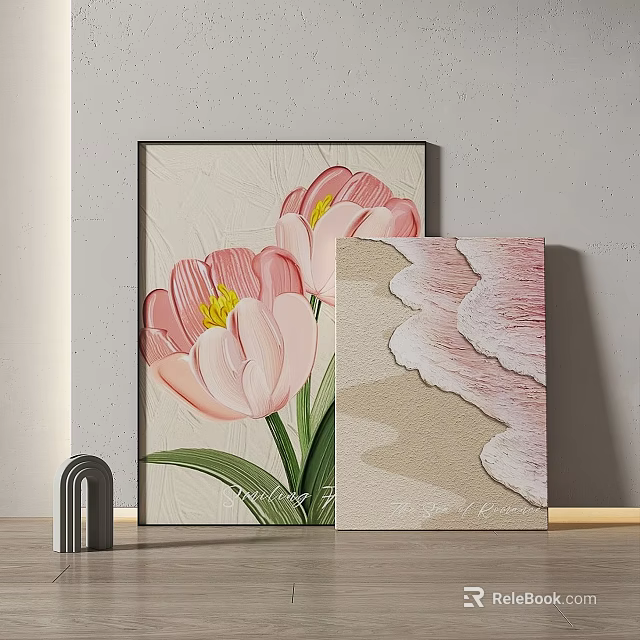 Abstract Painting With Pink Tulips Green Leaves And Wavy Texture For Interior Decor 3d model 
