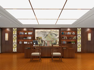 Traditional Chinese Style Office Interior With Wooden Bookshelves Landscape Painting And Lighting 3d model
