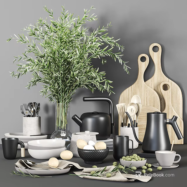 Stylish Kitchenware Set With Wooden Cutting Boards Black Kettles White Bowls Utensils And Green Plants 3d model 