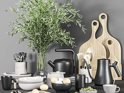 Stylish Kitchenware Set With Wooden Cutting Boards Black Kettles White Bowls Utensils And Green Plants 3d model