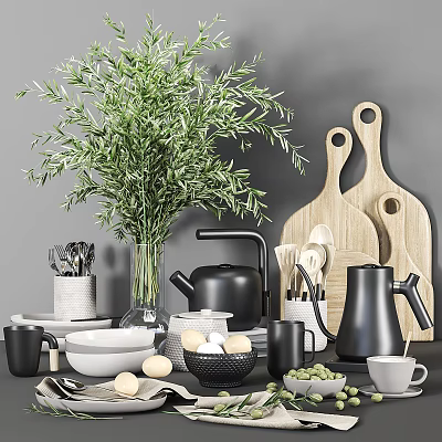 Stylish Kitchenware Set With Wooden Cutting Boards Black Kettles White Bowls Utensils And Green Plants 3d model