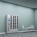 Smart Parcel Locker With White Chairs Small Round Table Light Blue Wall And Gray Floor 3d model