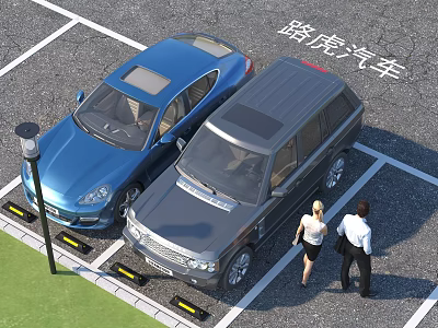 Land Rover Cars Parked In Parking Lot With People Walking Nearby Exterior View 3d model