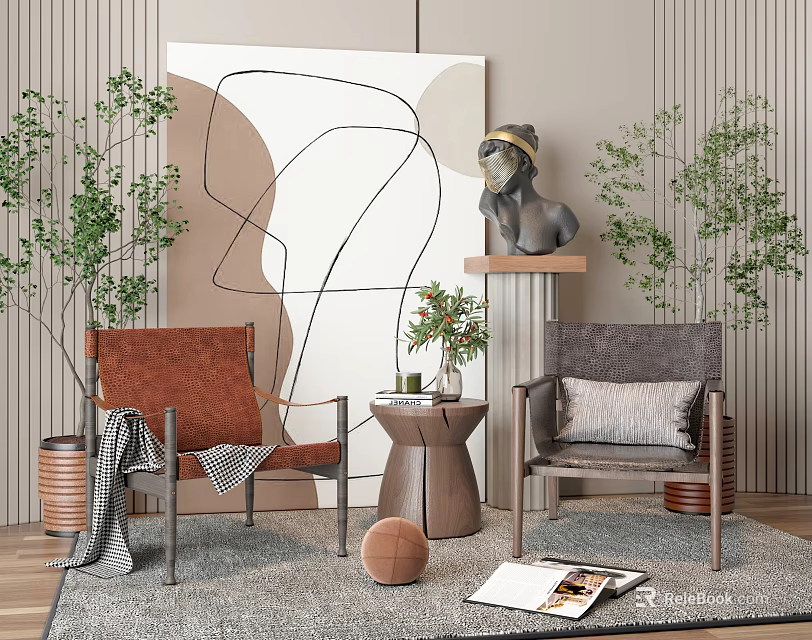 Modern Living Room With Orange And Gray Accent Chairs Green Plants Abstract Painting And Rug 3d model 