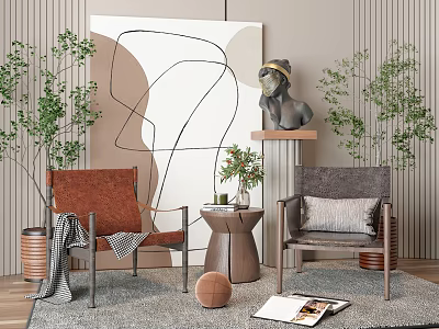 Modern Living Room With Orange And Gray Accent Chairs Green Plants Abstract Painting And Rug 3d model
