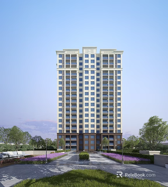 Modern High Rise Residential Building With Large Windows Brown Base And Green Surroundings 3d model 