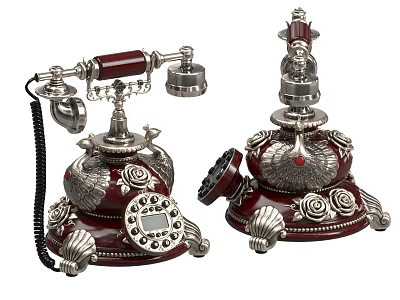 Vintage Retro Style Telephones With Red Silver Decoration And Rose Patterns For Home Decor 3d model