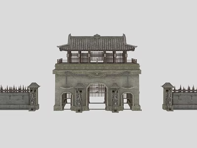 Ancient Chinese Gate Tower Featuring Classical Stone Walls With Spiked Tops And Traditional Design 3d model