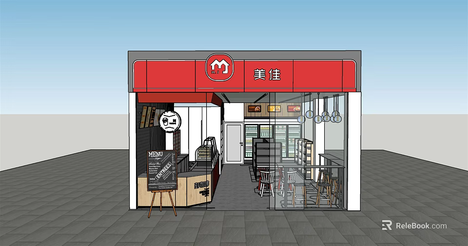 Supermarket Department Store Red Facade And Signboard With Shelves Checkout Counter And Interior Layout 3d model 