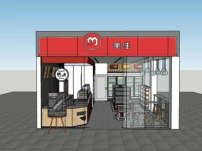 Supermarket Department Store Red Facade And Signboard With Shelves Checkout Counter And Interior Layout 3d model