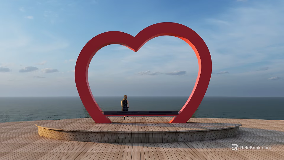 Large Red Heart Shaped Sculpture With Wooden Platform Bench Overlooking Sea And Blue Sky 3d model 
