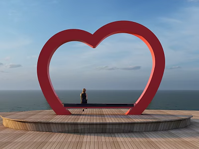 Large Red Heart Shaped Sculpture With Wooden Platform Bench Overlooking Sea And Blue Sky 3d model