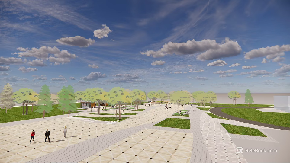 Scenic Park Landscape With Open Paved Square Green Trees Clouds And Pedestrians 3d model