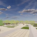 Scenic Park Landscape With Open Paved Square Green Trees Clouds And Pedestrians 3d model