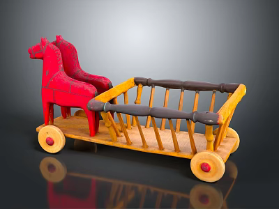 Electric Toy Horse Cart with Red Yellow Wooden Frame and Wheels for Kids Play 3d model