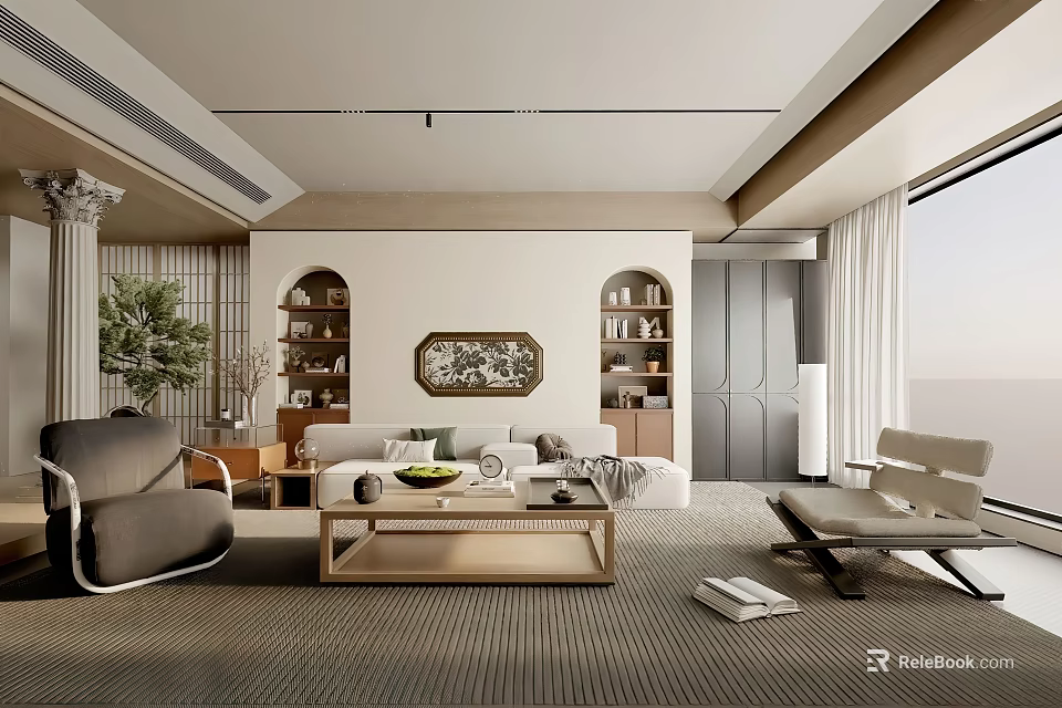 Modern Living Room Interior Design With Sofa Coffee Table Armchair And Bookshelves 3d model 