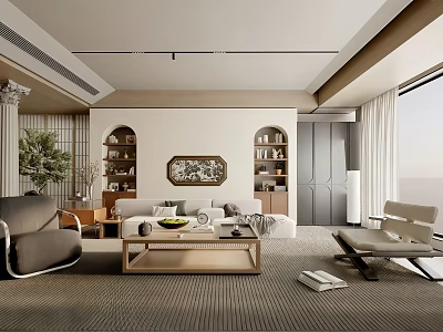 Modern Living Room Interior Design With Sofa Coffee Table Armchair And Bookshelves 3d model