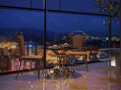 Elegant Dining Table Set With Metal Frame Upholstered Chairs And City Night View 3d model