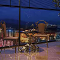Elegant Dining Table Set With Metal Frame Upholstered Chairs And City Night View