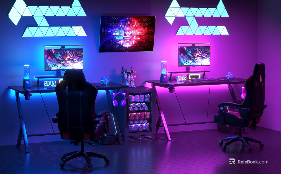 Gaming Desk Setup With Dual Monitors Neon Lights Gaming Chairs And Colorful Wall Art 3d model 