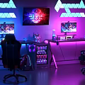 Gaming Desk Setup With Dual Monitors Neon Lights Gaming Chairs And Colorful Wall Art