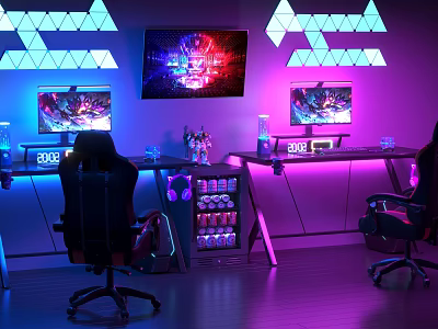 Gaming Desk Setup With Dual Monitors Neon Lights Gaming Chairs And Colorful Wall Art 3d model