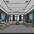Modern Hotel Public Lounge Interior With Beige Sofas Armchairs Blue Wall Paintings And Large Windows