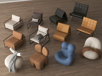 Various Colored Single Seater Sofas In Different Styles On Wooden Floor Interior 3d model