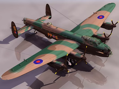 Vintage Fighter Plane With Camouflage Paint Twin Wings Four Propellers And Wing Badges 3d model
