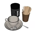 Tableware Set With Cup Saucer Spoon Sugar Cubes Wooden Sticks And Black Canister