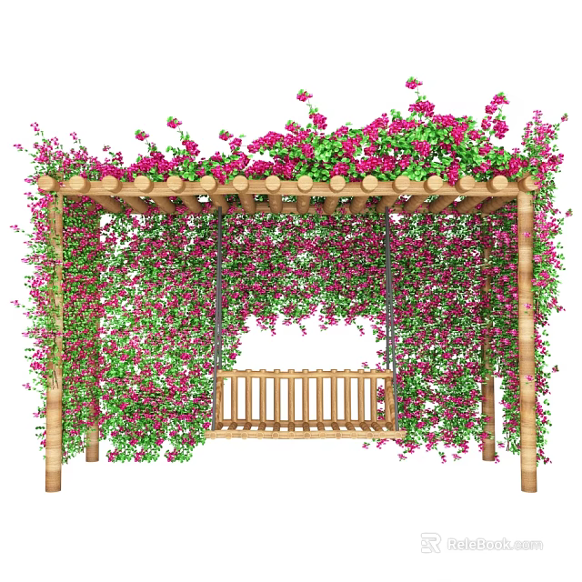 Outdoor Wooden Swing Play Equipment With Pink Flowers Green Leaves And Pergola Structure 3d model 