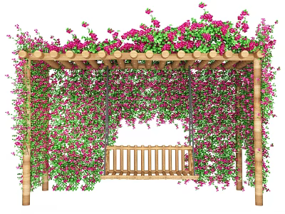 Outdoor Wooden Swing Play Equipment With Pink Flowers Green Leaves And Pergola Structure 3d model
