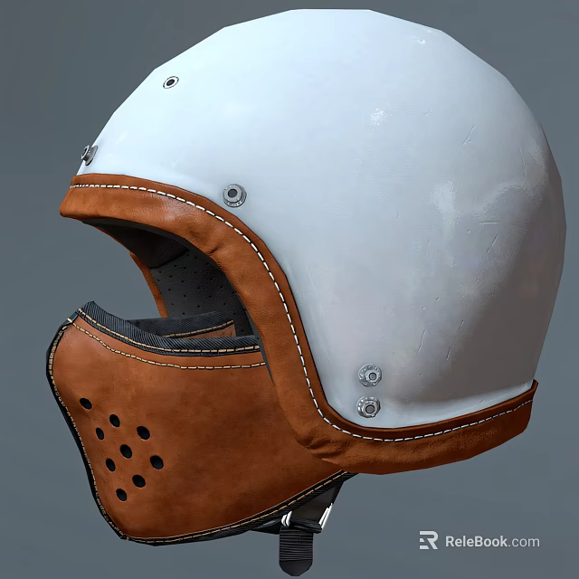 White Helmet With Brown Leather Mask Stitching Rivets And Holes Design 3d model 