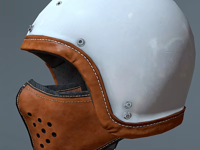 White Helmet With Brown Leather Mask Stitching Rivets And Holes Design 3d model