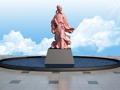 Pink Statue On Pool Platform With Blue Sky And White Clouds 3d model