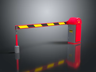 Red Security Barrier Gate With Yellow Black Stripes On Reflective Surface 3d model