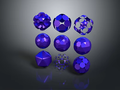 Shiny Purple Geometric Spheres With Polyhedron Shapes And Hollow Designs On Dark Background 3d model