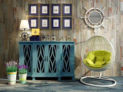 Blue Entryway Console Table With Decorative Items Wooden Wall Picture Frames And Hanging Chair 3d model