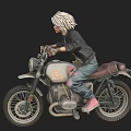 Woman In Black Leather Jacket Riding Vintage Motorcycle With Pink Handlebars And Jeans