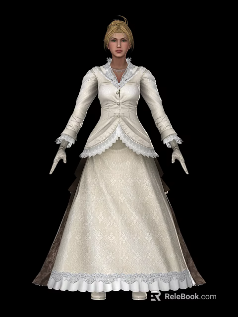 Elegant Woman In White Lace Dress With Long Sleeves And Gloves 3d model 