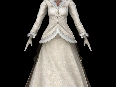 Elegant Woman In White Lace Dress With Long Sleeves And Gloves 3d model